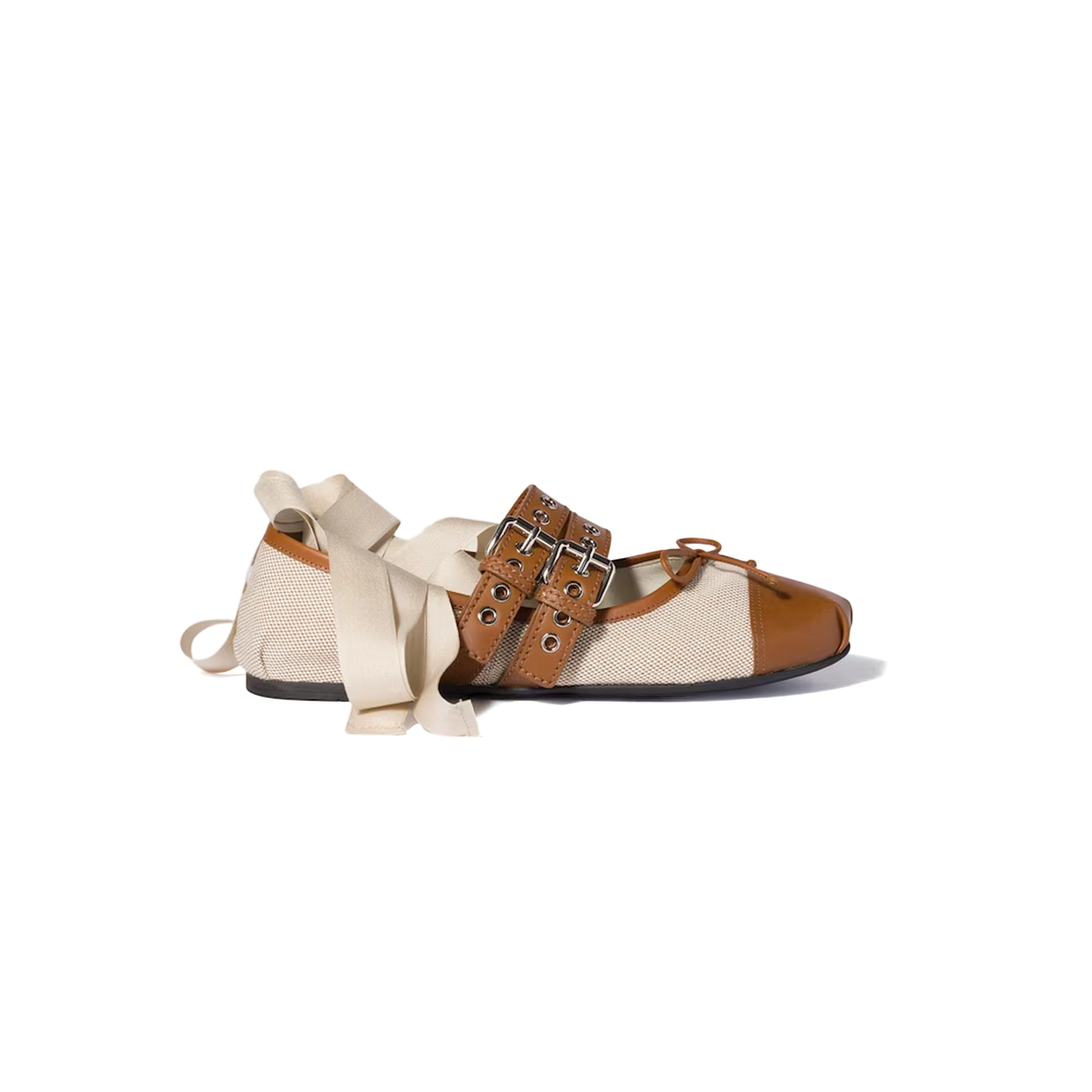 MIU MIU CANVAS AND LEATHER BALLERINAS 5F608E